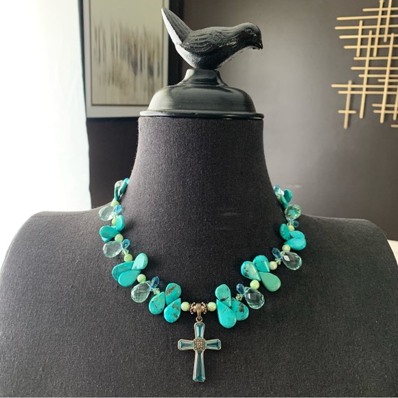 Southwestern Cross Necklace Teardrop Genuine Turquoise Beaded Teardrop 925